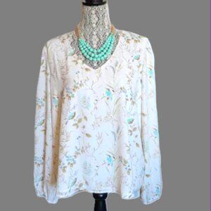 NWT Ricki's V-Neck Off-White Blouse Top with All-Over Botanical and Bird Print